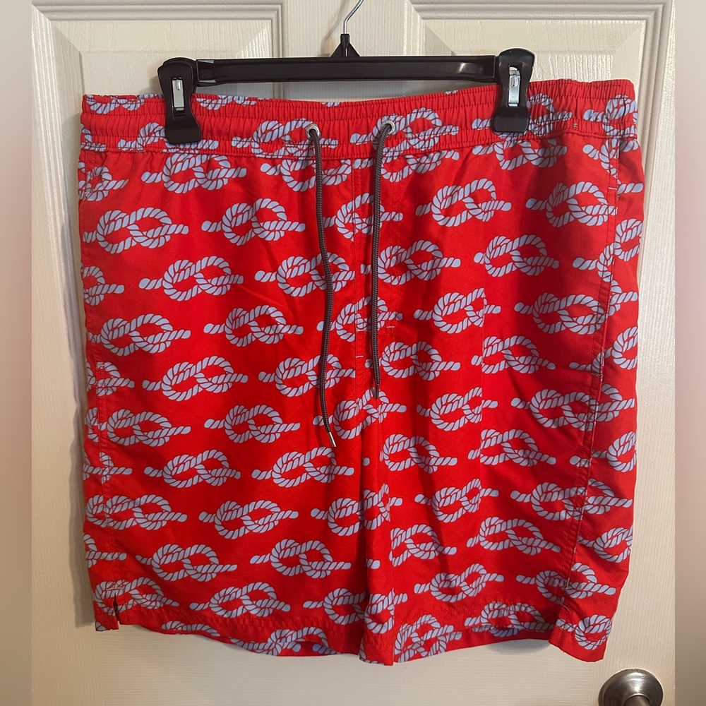 Thomas Dean Red & Blue Knot Print Swim Trunks w Elastic Waistband, Large